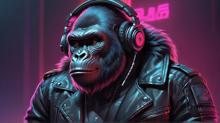 Cyberpunk Gorilla Beats by Alex Petruk AI GENERATED - obrazy, fototapety, plakaty