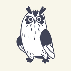 Wild animal, eagle owl contour. Woodland bird, night feathered predator. Cute fluffy owlet, friendly forest hunter outline sketch in childish style. Flat handdrawn isolated vector illustration