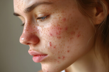 Close-up of a young woman's face with freckles and acne, depicting skincare concerns or natural beauty concepts