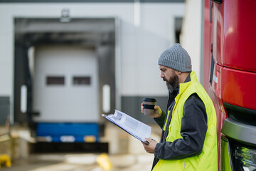 Truck driver standing by red truck and holding clipboard, looking at cargo details, delivery...
