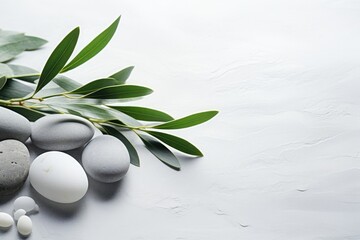 Obraz na płótnie Canvas Leaves of an olive tree with white stones on a white solid background with copy space for text. Serene botanical background concept for wellness, spa, and meditation.