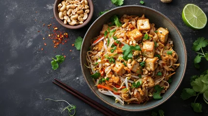 Fotobehang Stir-fried rice noodles with tofu, bean sprouts. Generative Ai. © Planum