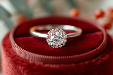 A diamond engagement ring displayed in a red velvet ring box, symbolizing romance and commitment, often associated with proposals and Valentine's Day