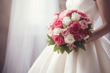  a woman in a wedding dress holding a bouquet of pink, white, and pink flowers on her wedding day.