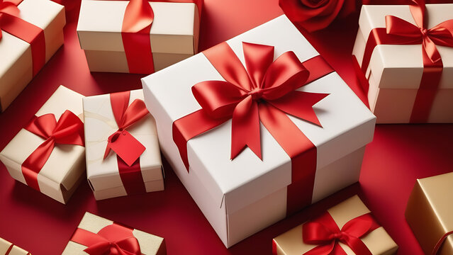 Many beige and white gift boxes with red ribbons , rose, Valentine`s gift on red background, flat lay, closeup