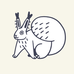 Cute woodland animal, fluffy little beast outline. Funny squirrel with furry tail, big tassels on ear. Wild forest rodent contour sketch in childish style. Flat hand drawn isolated vector illustration