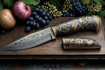 One Stylish Damascus steel kitchen knife on a wooden board - Powered by Adobe