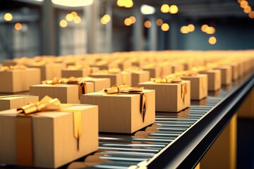 Close up of cardboard boxes on a conveyor belt in an industrial distribution warehouse. Production process in the logistic packaging factory.