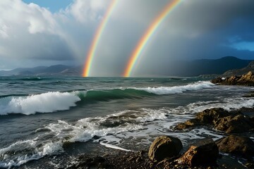 Double rainbow against the backdrop of the sea and white clouds. The concept of an unusual natural phenomenon.
