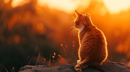 Back view portrait of a sitting cat against sunset background, background image, generative AI