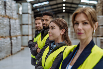Full team of warehouse employees standing in warehouse. Team of workers in reflective clothing in...