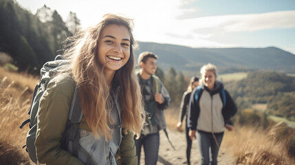 A group of teenagers hiking and enjoying nature, a group of young friends exploring the great outdoors.