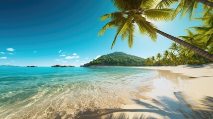 Fototapeta na wymiar Tropical beach paradise with clear ocean water and palm trees. Travel and nature.