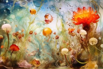  a painting of water, plants, and fish in a pond with bubbles and bubbles coming out of the water.