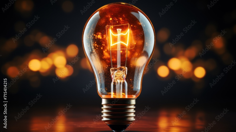 Poster a close up of a light bulb on a table with blurry lights in the background and a black background.