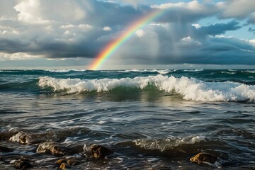 Rainbow against the backdrop of sea waves and heavy clouds. The concept of an unusual natural phenomenon.

