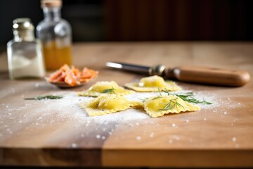 handmade ravioli on a floured wooden board with a rolling pin