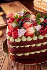 Heart Shaped Red Velvet Cake with Fresh Berries and Cream - 715414404