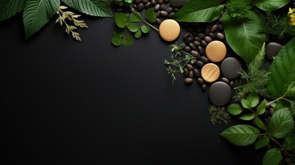 Herbs, leaf herbal, and capsule arrangement and isolated on dark background. Medical and healtcare background concept.