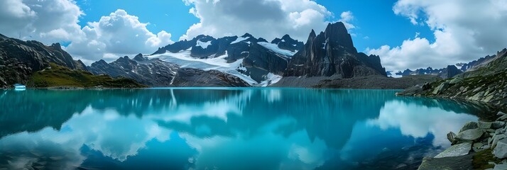 Azure Blue Glacier Lake, A pristine high-altitude lake surrounded by glaciers, reflecting the vibrant blue of the sky, background image, generative AI - obrazy, fototapety, plakaty