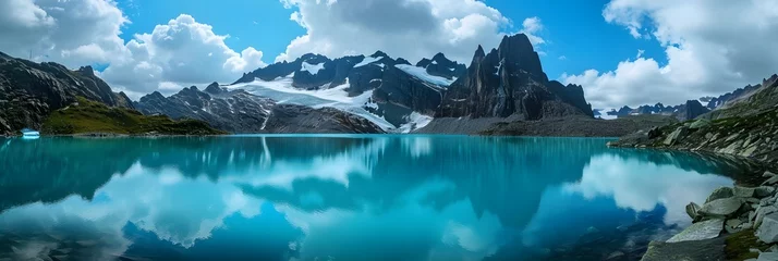 Fotobehang Azure Blue Glacier Lake, A pristine high-altitude lake surrounded by glaciers, reflecting the vibrant blue of the sky, background image, generative AI © Hifzhan Graphics