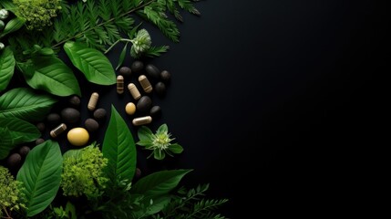 Herbs, leaf herbal, and capsule arrangement and isolated on dark background. Medical and healtcare background concept. - obrazy, fototapety, plakaty
