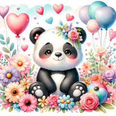 Cute panda flower, kids illustration