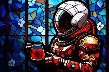  a man in a space suit holding a glass of wine in front of a stained glass window with stained glass behind him.