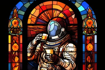  a stained glass window with a man in a spacesuit holding a beer in front of a stained glass window.