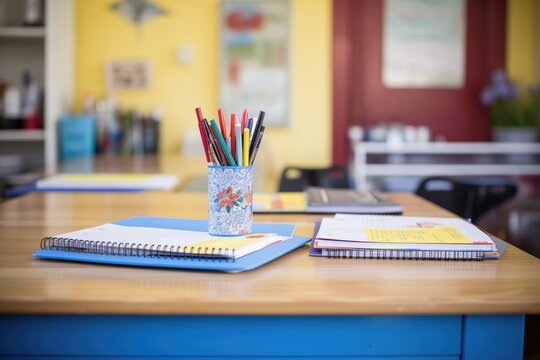 notebooks and pens on a table with language lesson plans