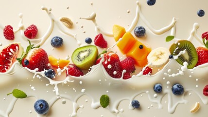 Milk splash with fruits. White liquid with fruits and berries on beige background.
