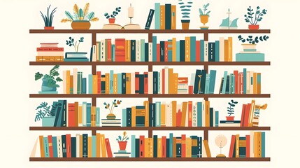 Flat Vector Design of a whimsical bookshelf filled with enchanted books, generative AI - obrazy, fototapety, plakaty