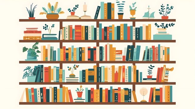 Flat Vector Design of a whimsical bookshelf filled with enchanted books, generative AI