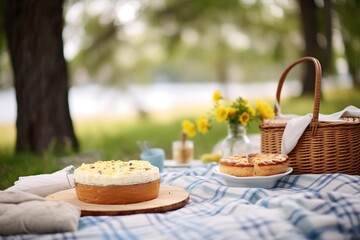 pie in outdoor setting, picnic basket and blanket alongside