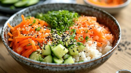 Sushi bowl made of brown rice with pickled vegetables. Generative Ai.