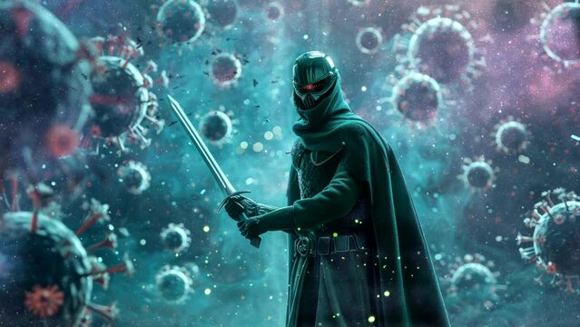 Warrior's Battle Against Microbes: A determined warrior, brandishing a sword, stands defiant against a menacing swarm of microorganisms, symbolizing the ongoing battle against a pandemic.