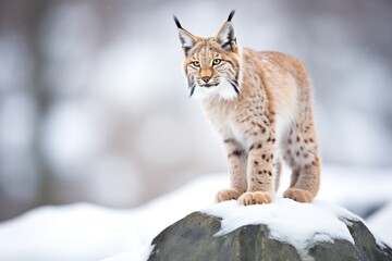 Naklejka na ściany i meble lynx perched on snow-covered rock
