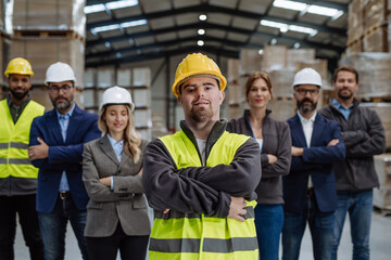 Full team of warehouse employees standing in warehouse. Team of workers, managers, female director...