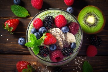  a smoothie with berries, kiwis, and mint on a wooden table next to sliced kiwis.