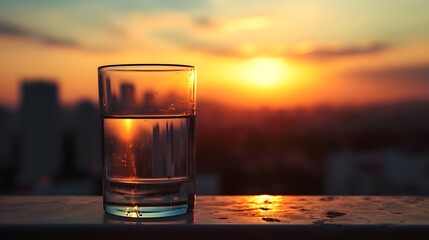Portrait of glass half empty with sunset background, background image, generative AI