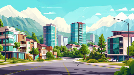 Urban landscape with large modern buildings and suburb with private houses on a background mountains and hills. 