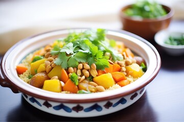 moroccan tagine with chickpeas, apricots, and almonds