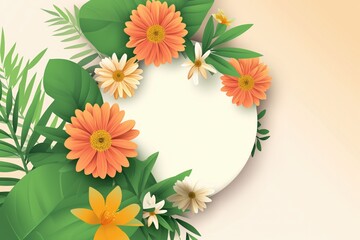 Floral spring design with flowers, green leaves, . Round shape with space for text. Sale banner or flyer template, vector illustration.