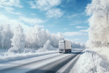  a white truck driving down a road next to a forest filled with trees covered in snow and ice covered trees are in the background.