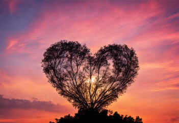 silhouette of a heart shaped of death tree on sunset sky, peaceful screen concept