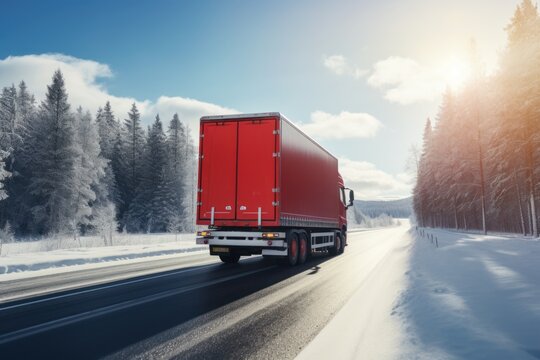  a red semi truck driving down a road in the middle of a snow covered forest with trees on both sides of the road.