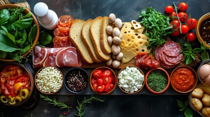 Sandwich Ingredients Array arrangement of fresh and diverse sandwich ingredients, such as bread, meats, cheeses, vegetables, and condiments