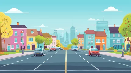 Fotobehang Flat vector cartoon style illustration of urban landscape road with cars skyline city office buildings and family houses in small town village in backround.  © imlane