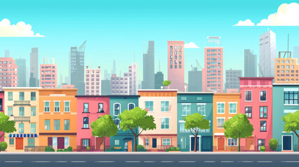 Fototapeta na wymiar City building houses view skyline background real estate cute town concept horizontal banner flat vector illustration 
