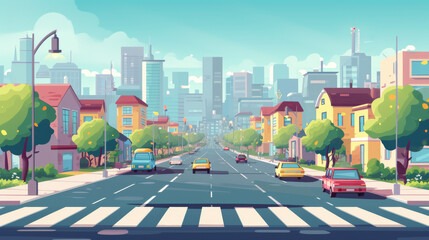 Flat vector cartoon style illustration of urban landscape road with cars skyline city office buildings and family houses in small town village in backround.  - obrazy, fototapety, plakaty